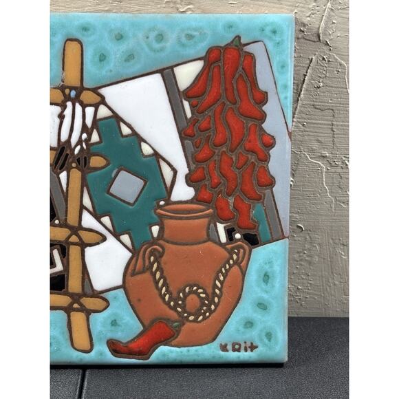 VTG Earth Tones Ceramic Tile Hand Painted Trivet Tile "Plentiful Chilies" - Picture 3 of 5